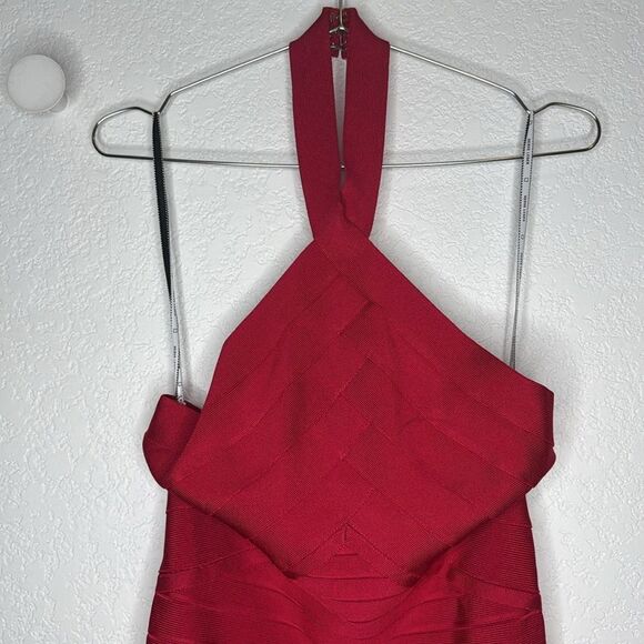 NWT Herve Leger ICON BANDAGE HALTER GOWN Large Rio Red - Picture 4 of 16